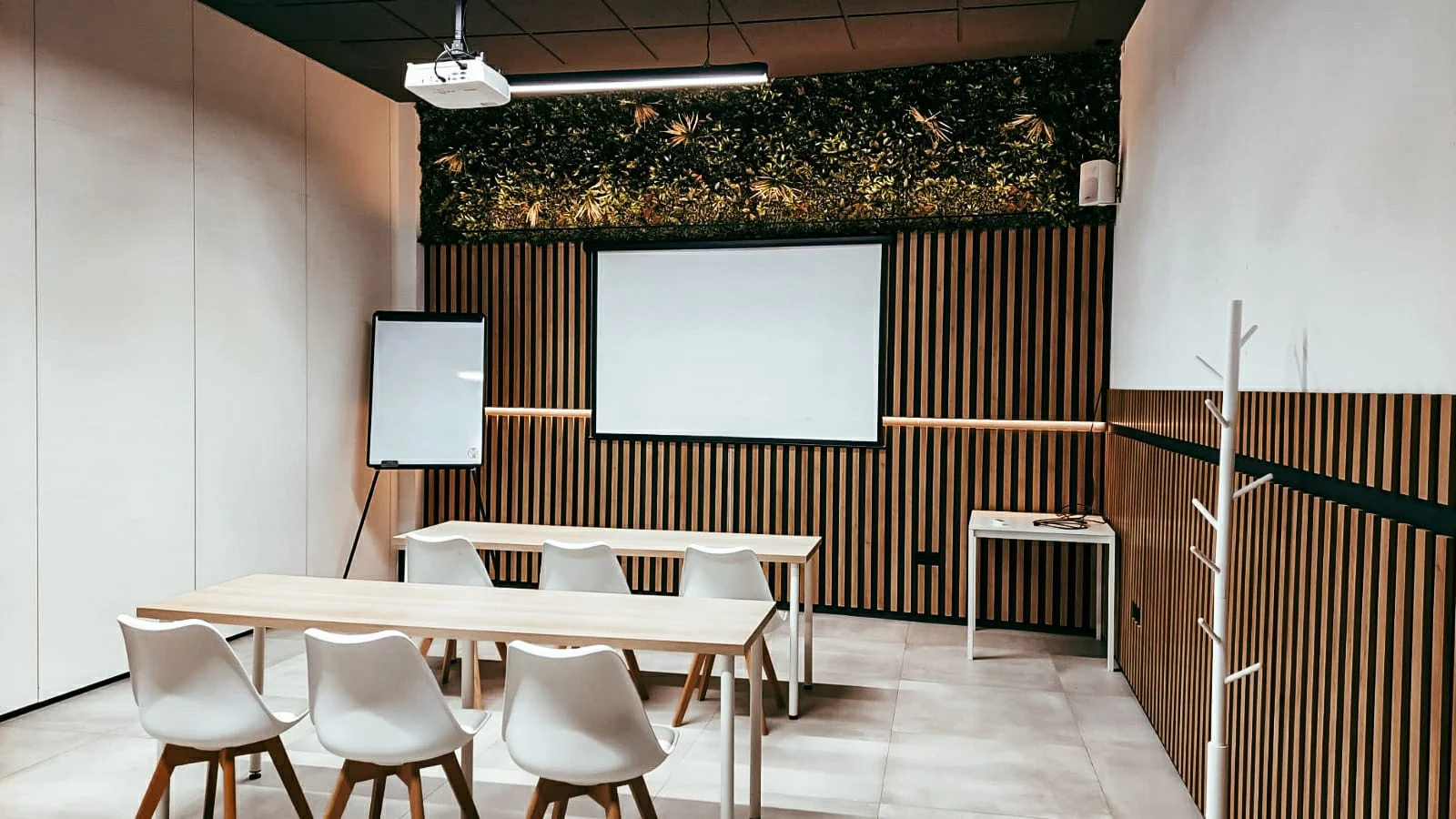 Team discussion room with projector and whiteboard