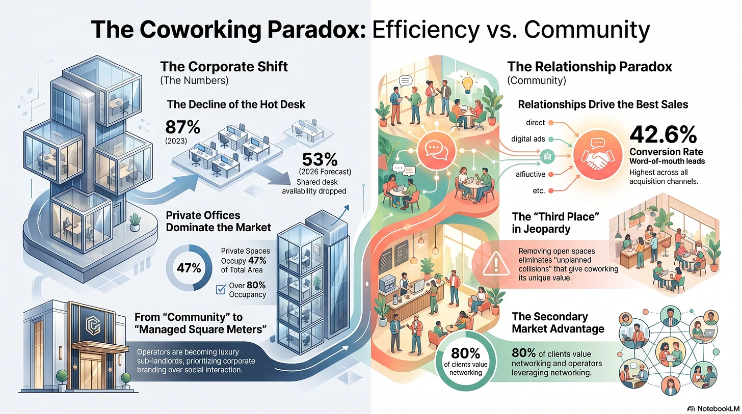 Infographic on the coworking paradox: the decline of the hot desk and the rise of private offices versus community and word-of-mouth conversion.