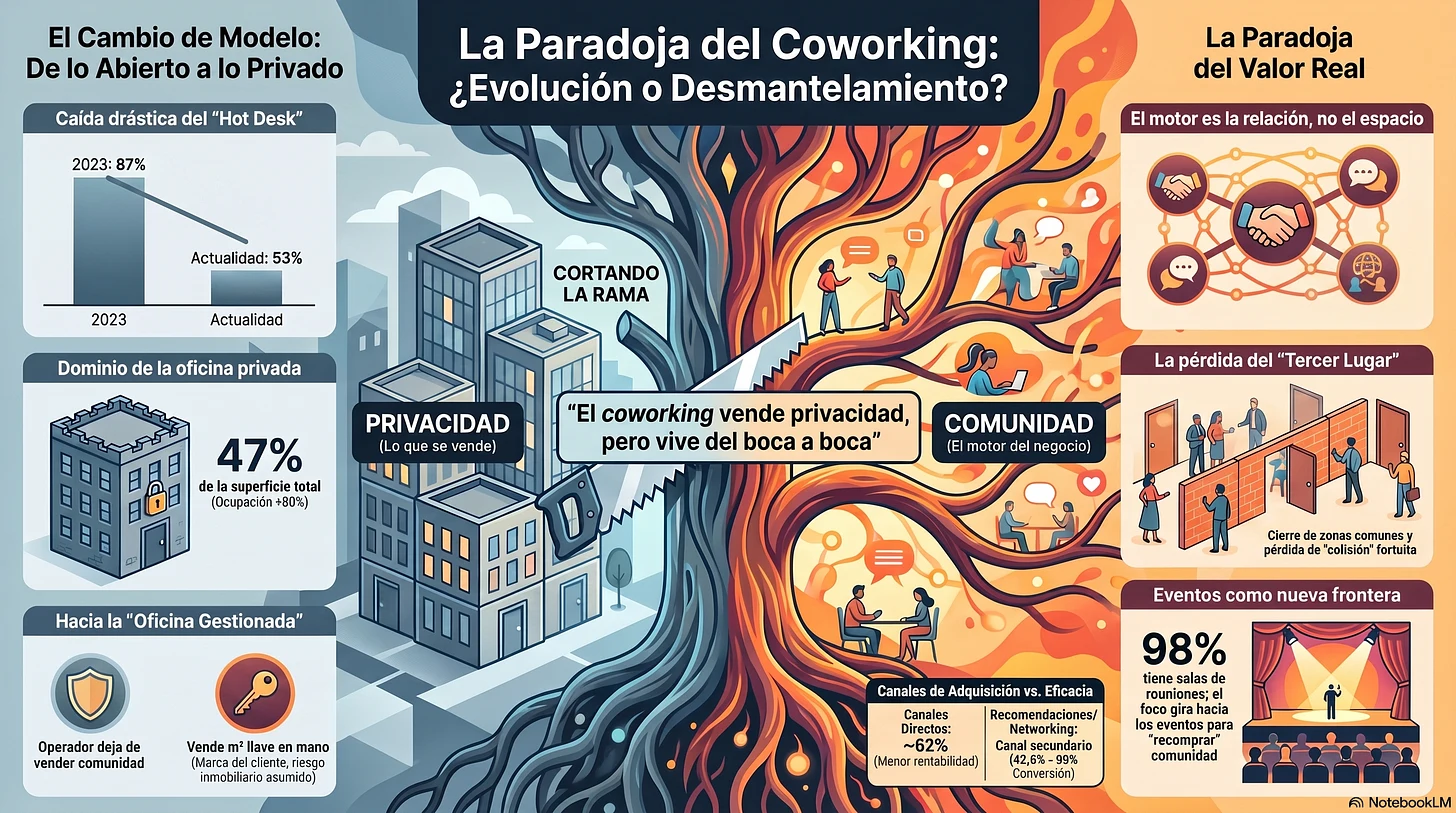 Infografía sobre la paradoja del coworking: el declive del hot desk y el auge de las oficinas privadas frente a la comunidad y la conversión por boca a boca.