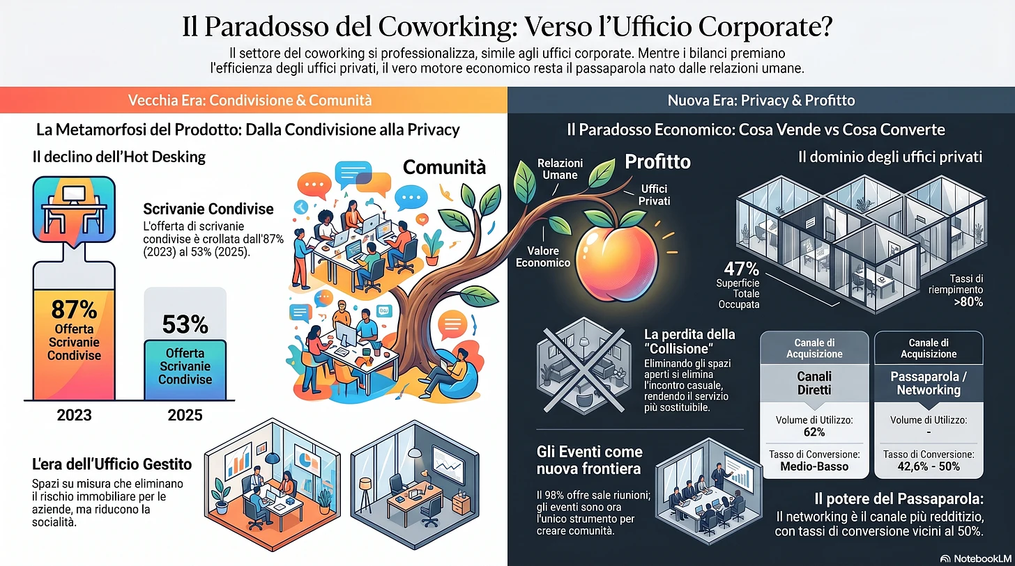 Infografica sul paradosso del coworking: il declino dell'hot desk e l'ascesa degli uffici privati contro la comunità e la conversione tramite passaparola.